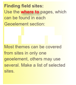 Finding field sites:
Use the where to pages, which can be found in each Geoelement section:
Lavas  Sandstone  Fault  Glaciers  Lake
Most themes can be covered from sites in only one geoelement, others may use several. Make a list of selected sites.
